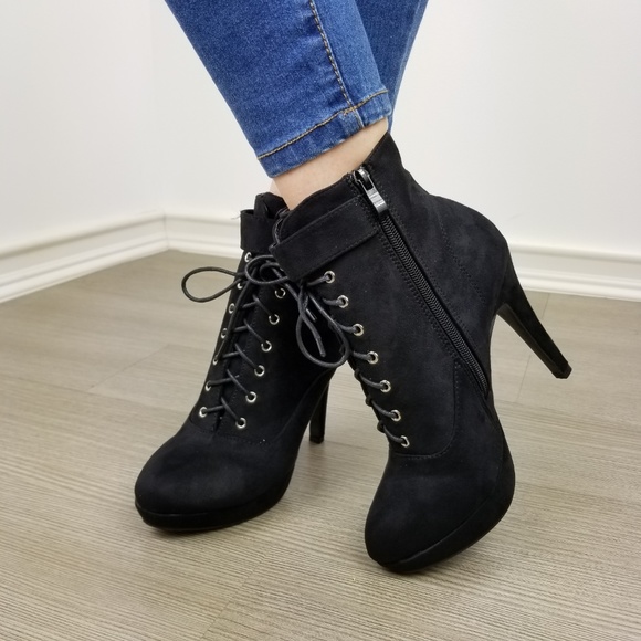 Black Faux Suede Heel Lace-Up Ankle Booties - Picture 3 of 8